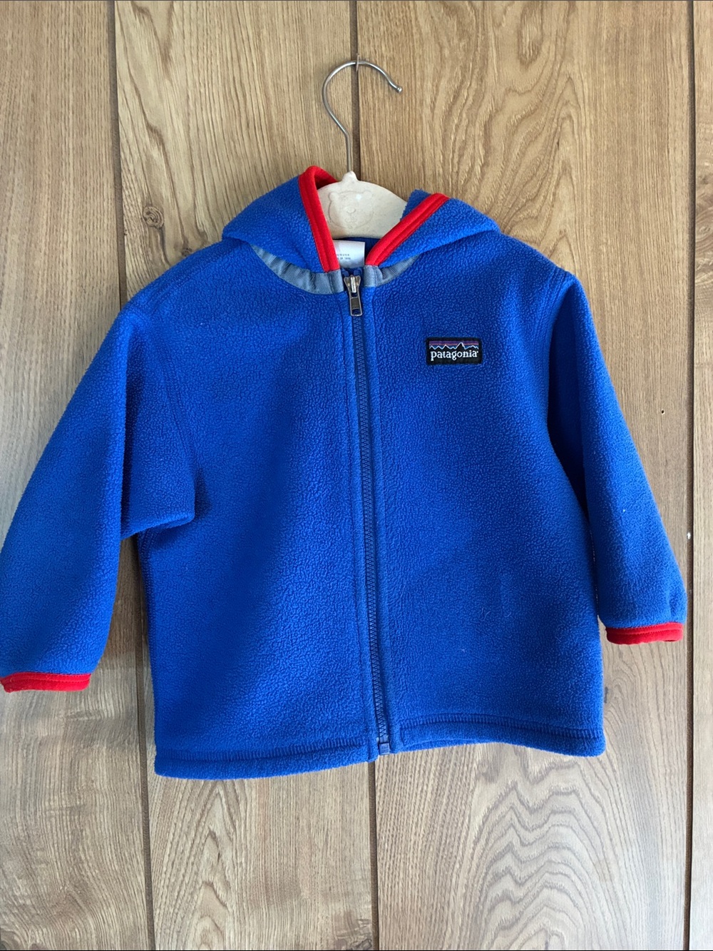 Patagonia Blue Fleece Hoodie with Red Trim